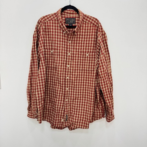 Abercrombie & Fitch Heavyweight Flannel button down Shirt red tan Sz XXL - Picture 1 of 5